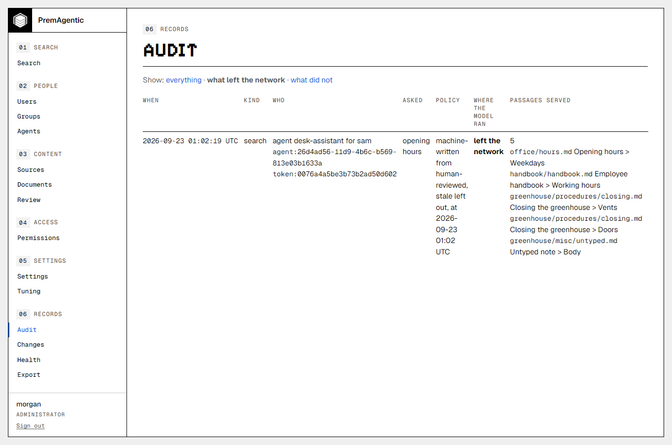 Audit, filtered to what left the network: who asked, under which policy, where the model ran, and every passage served.