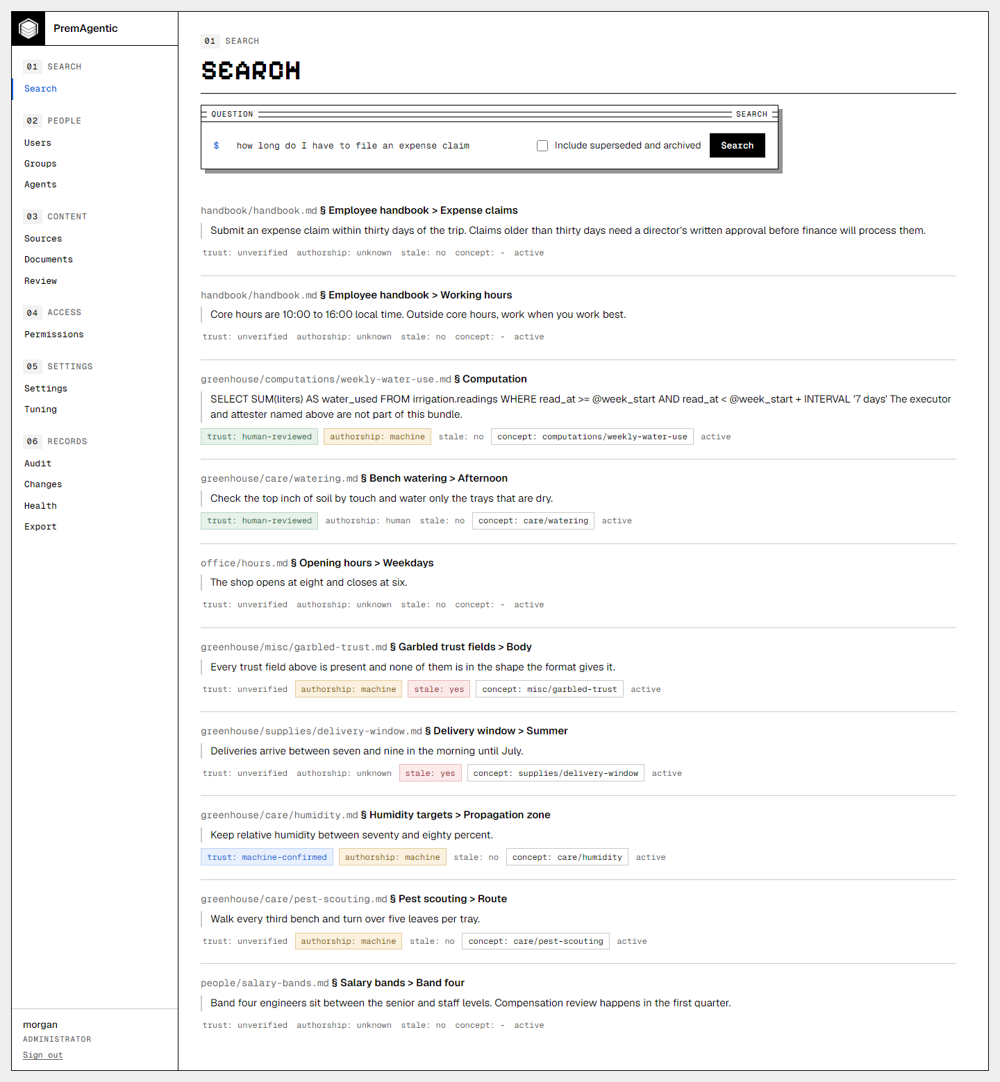 Search: cited passages, with the trust, authorship and stale state of each.